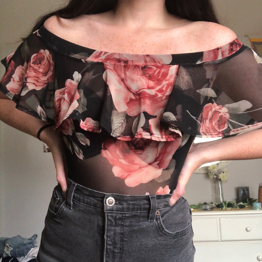 sheer rose floral bodysuit off the shoulder